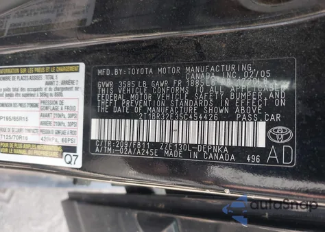 2005 Toyota Corolla Le z USA, uszkodzony, nr VIN 2T1BR32E35C454426